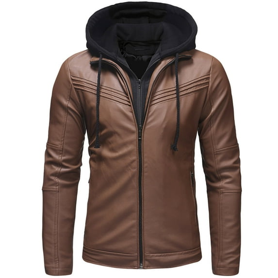 IYTR Men's Slim Fit Faux Leather Biker Jacket with Removable Hood Stand Collar Zipper Pockets Coats Outwear Coffee M