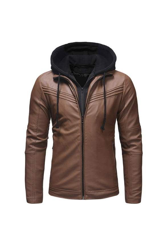 Men's Slim Fit Faux Leather Biker Jacket with Removable Hood Stand Collar Zipper Pockets Coats Outwear Coffee M