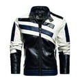 thumbnail image 1 of IYTR Men's Slim Fit Faux Leather Motorcycle Jacket Stand Collar Zipper Closure Multicolor Stitching Faux Leather Coats Dark Blue M, 1 of 1