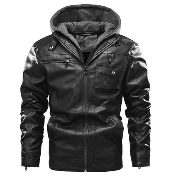 IYTR Men's Slim Fit Faux Leather Motorcycle Jacket with Removable Hood Winter Warm Outwear Coats Black M