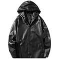 thumbnail image 1 of IYTR Men's Solid Color Hooded Faux Leather Lapel Long Sleeve Snap Button Down Pockets Windproof Outwear Loose Fit PU Leather Jacket Coat Black XXL, 1 of 1