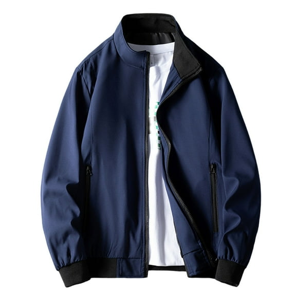 IYTR Men's Solid Color Jacket Fashion Casual Stand Collar Long Sleeve Coat Lightweight Windbreaker Zipper Outerwear Dark Blue L