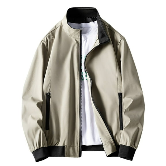 IYTR Men's Solid Color Jacket Fashion Casual Stand Collar Long Sleeve Coat Lightweight Windbreaker Zipper Outerwear Khaki L