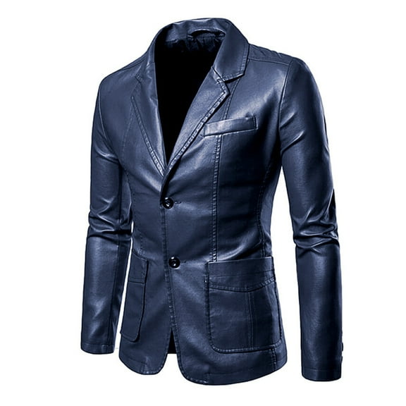 IYTR Men's Solid Color Leather Blazer Jacket Slim Button Up Turndown Collar Long Sleeve Business Outerwear Dark Blue L