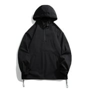 IYTR Mens Solid Color Long Sleeve Hooded Half Zipper Pockets Pullover Windbreaker Jacket with Drawstring Hem Black XL