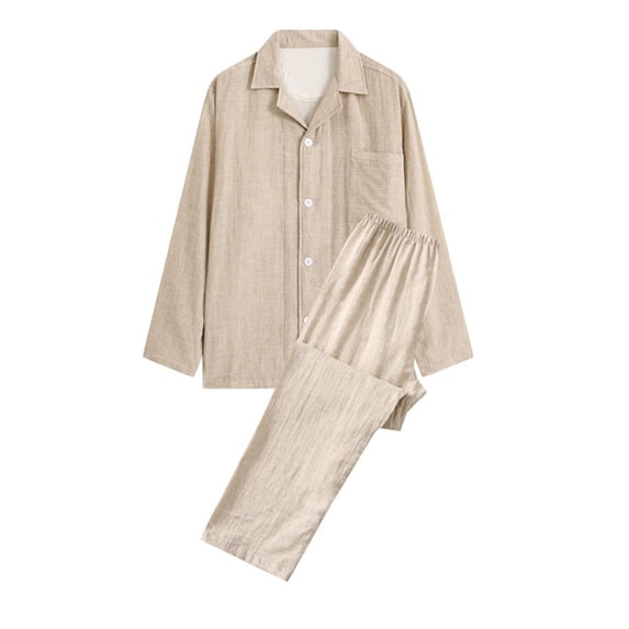 IYTR Men's Solid Color Pajamas Set Casual Homewear Long-Sleeve Tops Trousers Turndown Collar Night Pajamas Suits Beige XL