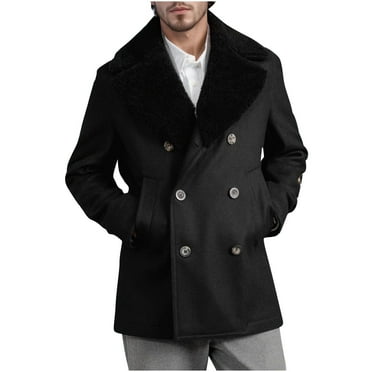 IYTR Men's Solid Color Peacoat Double Breasted Wool Coat Long Sleeve Warm Winter Fleece Lined Overcoat with Pockets Black L