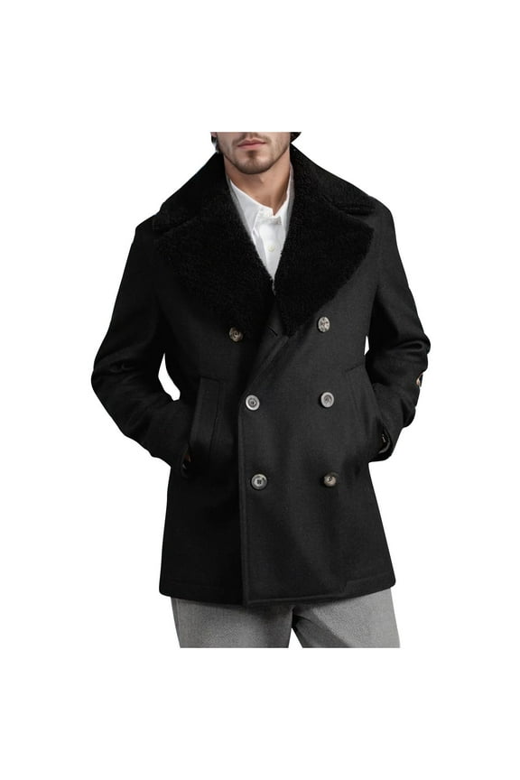 Men's Solid Color Peacoat Double Breasted Wool Coat Long Sleeve Warm Winter Fleece Lined Overcoat with Pockets Black XL