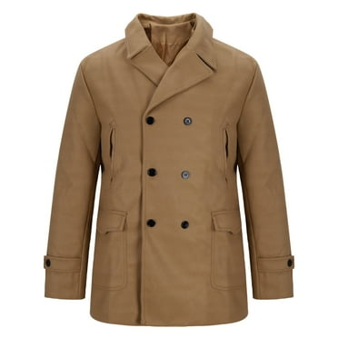 IYTR Men's Solid Color Peacoat Long Sleeve Winter Warm Wool Double Breasted Trench Coat Overcoat Classic Jacket with Pockets Khaki S