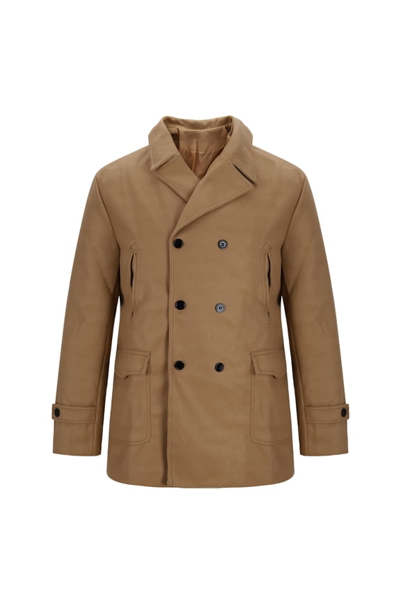Men's Solid Color Peacoat Long Sleeve Winter Warm Wool Double Breasted Trench Coat Overcoat Classic Jacket with Pockets Khaki XL