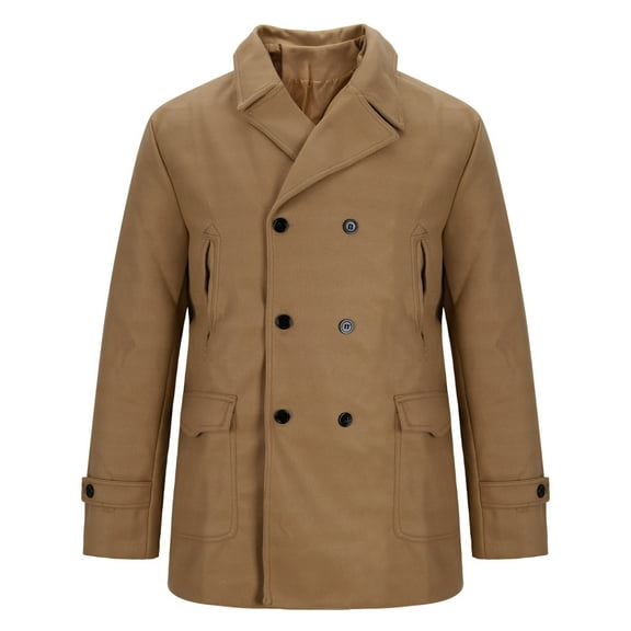 IYTR Men's Solid Color Peacoat Long Sleeve Winter Warm Wool Double Breasted Trench Coat Overcoat Classic Jacket with Pockets Khaki XXXL