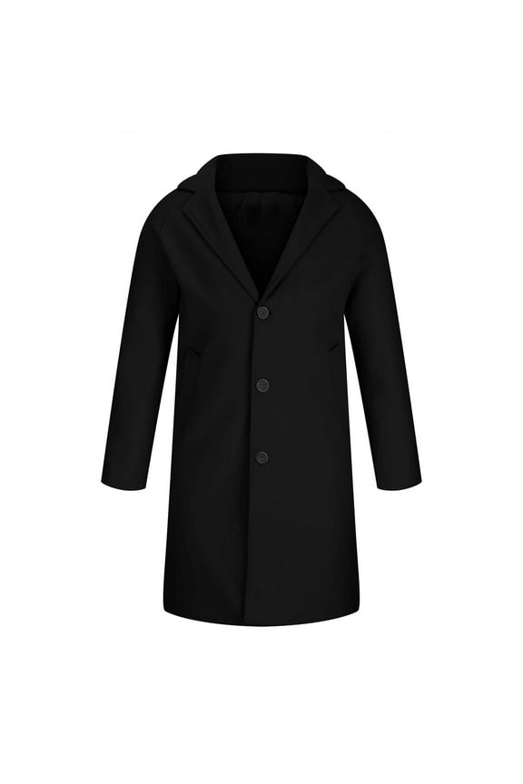 Men's Solid Color Slim Fit Long Sleeve Single Breasted Wool Blend Overcoat Outwear Trench Coat with Buttons Black XXXL