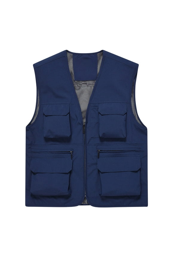 Men's Solid Sleeveless Waistcoat Summer Lightweight Mesh Multi-Pockets Zipper Utility Vest Photographer's Waistcoat Jackets Navy XXXXL