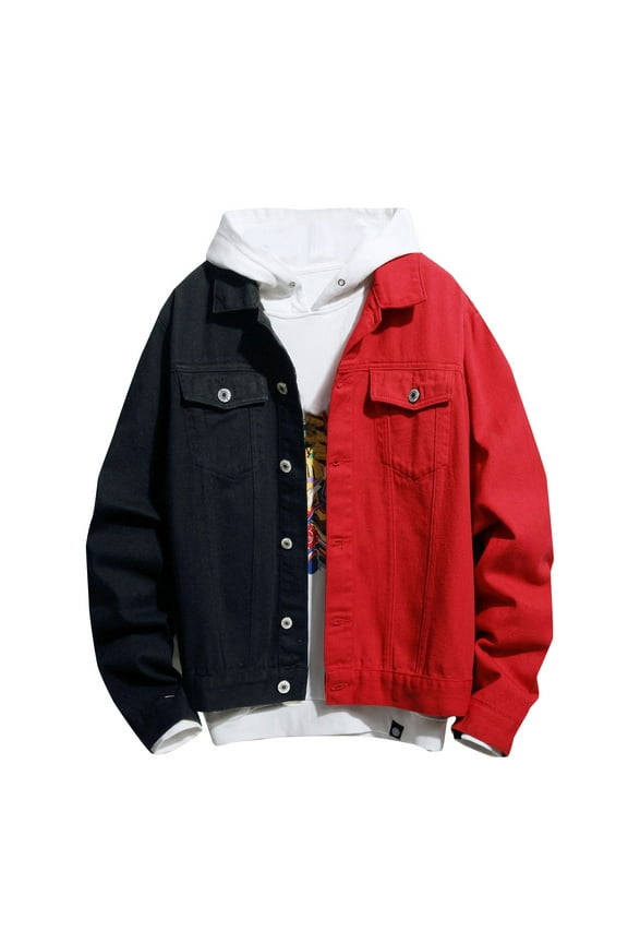 Men's Splice Color Long Sleeve Denim Trucker Jean Jacket Two-Tone Trucker Coats Streetwear Outwear with Two Pockets Red XXL