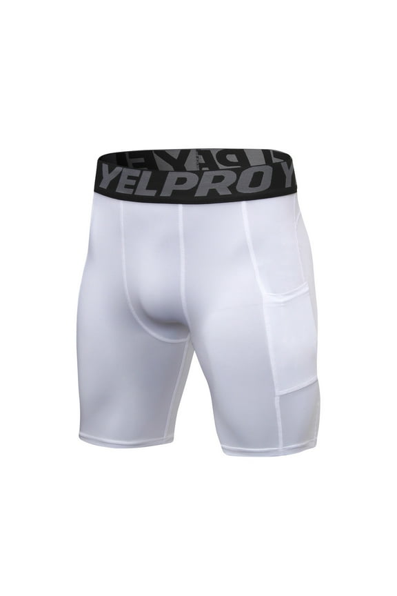 Men's Sports Compression Shorts with Phone Pockets Tight Running Gym Fitness Workout Training Baselayer Shorts White L