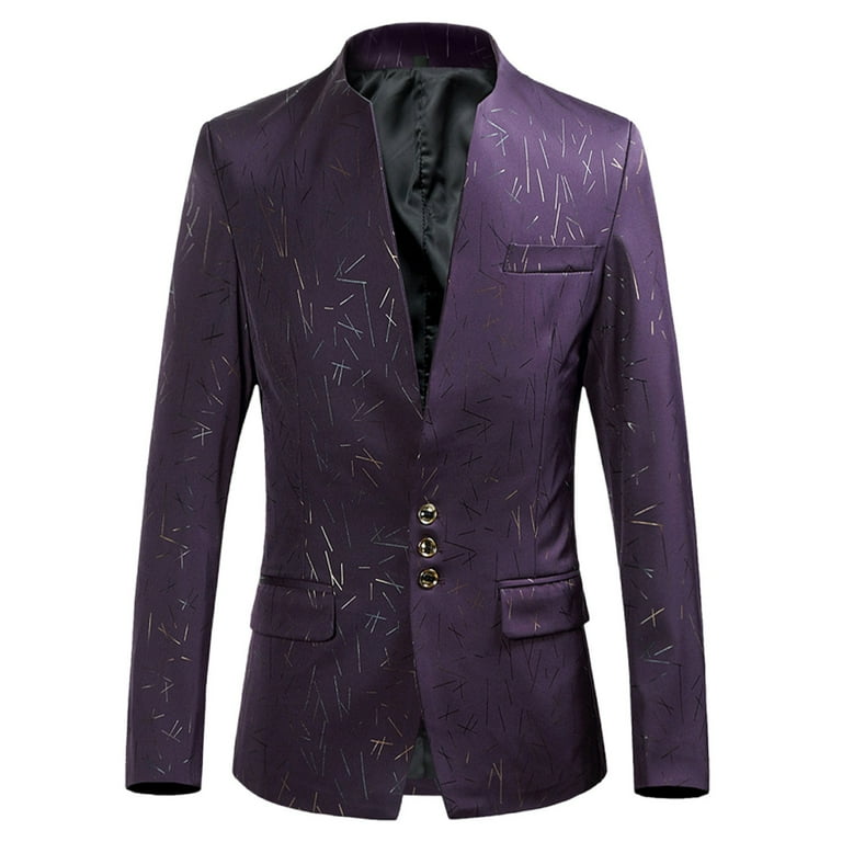 IYTR Men s Stand Collar Blazer Slim Jacket Single Button Blazer Long Sleeve Printed Business Wedding Party Suit Purple L Walmart