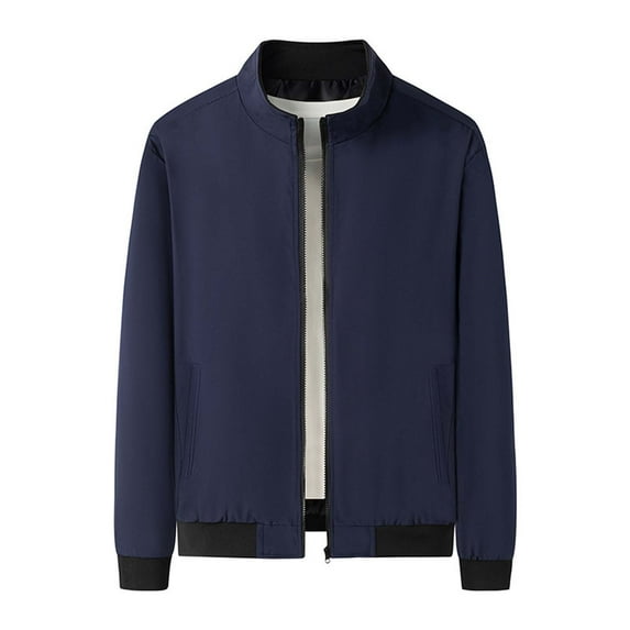 IYTR Men's Stand Collar Jacket Pure Color Zipper Long Sleeve Pockets Slim Fit Coats Blue XXXXL