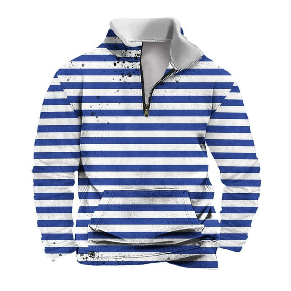 IYTR Men's Stand Collar Casual Sweatshirt Long Sleeve Striped Zipper Pullover Sweatshirt Fall Winter Sport Sweater Tops Blue XXL
