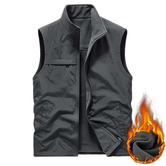 IYTR Men's Stand Collar Fleece Lined Waistcoat Winter Warm Sleeveless Multi-Pockets Jacket Outdoor Full Zip Up Waistcoat Gray M