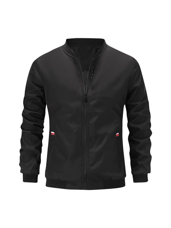 Men's Stand Collar Jacket Lightweight Full Zipper Long Sleeve Baseball Jacket with Pockets Black M