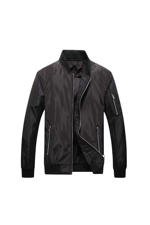 Men's Stand Collar Jacket Lightweight Windproof Solid Zipper Pockets Basic Coats Black XXXXL