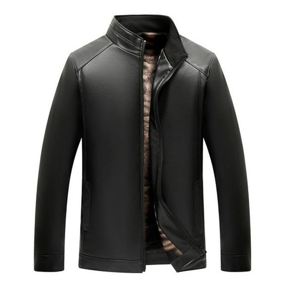 IYTR Men's Stand Collar Leather Jacket Winter Warm Long Sleeve Solid Color Full Zip Up Outerwear Black XL
