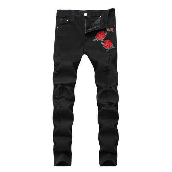 IYTR Men's Streetwear Hip Hop Jeans Rose Embroidery Ripped Biker Distressed Slim Stretch Denim Trousers Black Straight Long Pants Black L