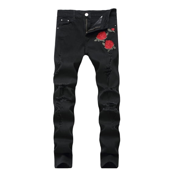 IYTR Men's Streetwear Hip Hop Jeans Rose Embroidery Ripped Biker Distressed Slim Stretch Denim Trousers Black Straight Long Pants Black M