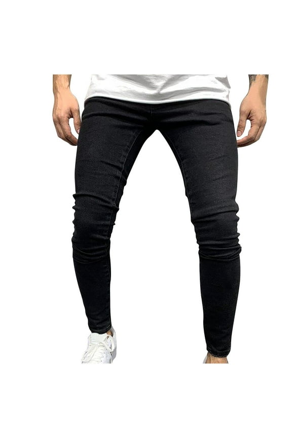 Men's Stretch Straight Fit Washed Black Biker Jeans Distressed Slim Denim Pants with Multi Pockets Black XXXL