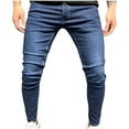 thumbnail image 1 of IYTR Men's Stretch Straight Fit Washed Black Biker Jeans Distressed Slim Denim Pants with Multi Pockets Dark Blue M, 1 of 5