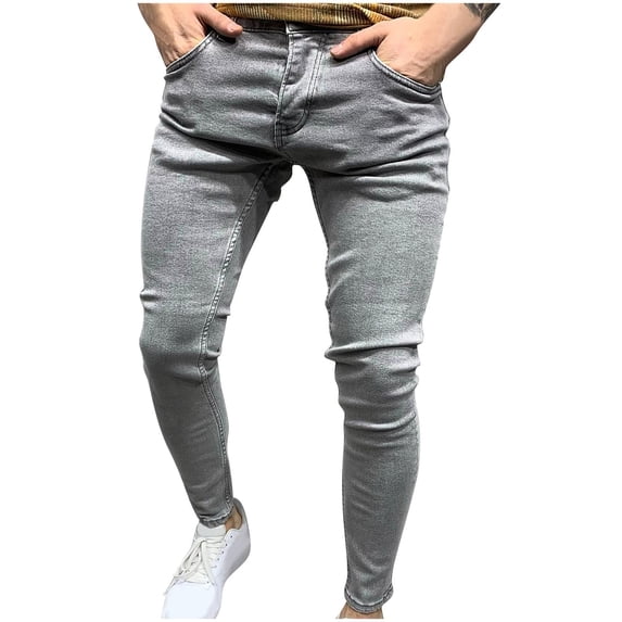 IYTR Men's Stretch Straight Fit Washed Black Biker Jeans Distressed Slim Denim Pants with Multi Pockets Gray L