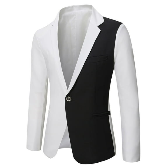 IYTR Men's Suit Coat Pacthwork Long Sleeve Jacket Button Up Turndown Collar Fashion Personality Casual Suit Jacket with Pocket White XXL