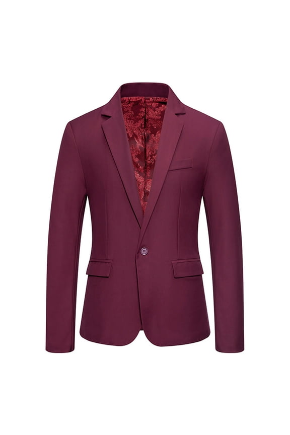 Men's Suit Jacket Solid Color Lapel Coat One Button Slim Fit Business Blazer Tuxedo Wedding Party Prom Wine L