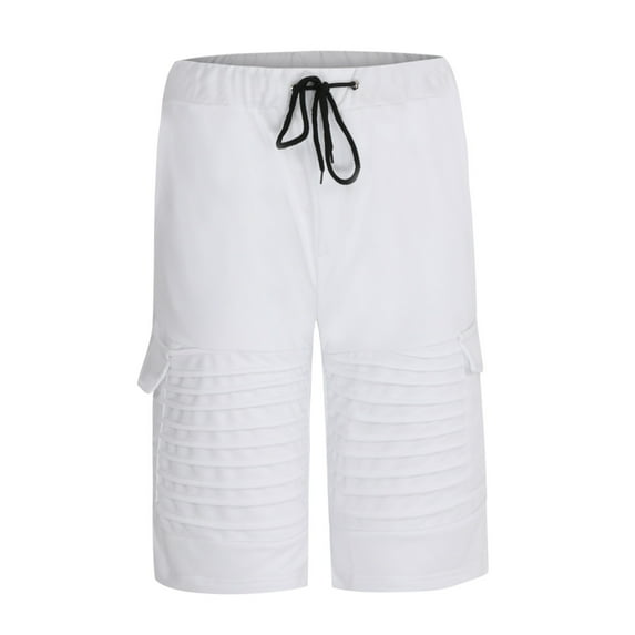 IYTR Men's Summer Cargo Shorts Dstring Elastic Waist Solid Color Multi Pockets Knee Length Beach Shorts White XXL