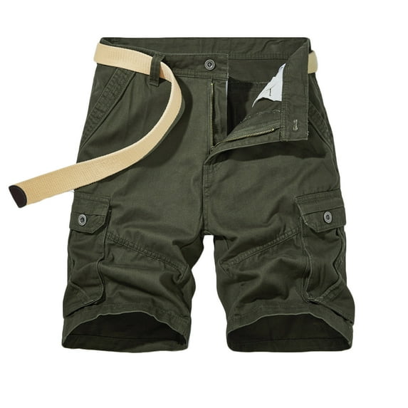 IYTR Men's Summer Cargo Shorts with Belt Solid Color Multi Pockets Straight Bermuda Beach Shorts Army Green XXL