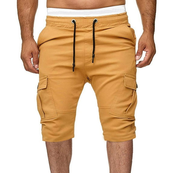 IYTR Men's Summer Cargo Shorts with Pockets Solid Color Multi Pockets Drawstring Elastic Waist Loose Fit Beach Shorts Khaki XL