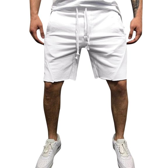 IYTR Men's Summer Drawstring Solid Color Shorts Straight Baggy Beach Short Pants with Pockets White L