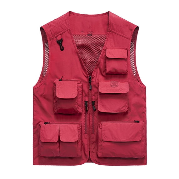 IYTR Men's Summer Lightweight Quick Dry Mesh Breathable Multi-Pockets Travel Vest Fishing Photography Waistcoat Red M