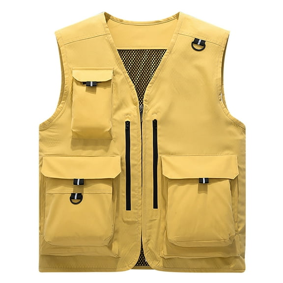 IYTR Men's Summer Multi-Pocket Outdoor Vest Lightweight Breathable Quick Dry Mesh Fishing Vest Travel Photographer Waistcoat Yellow M