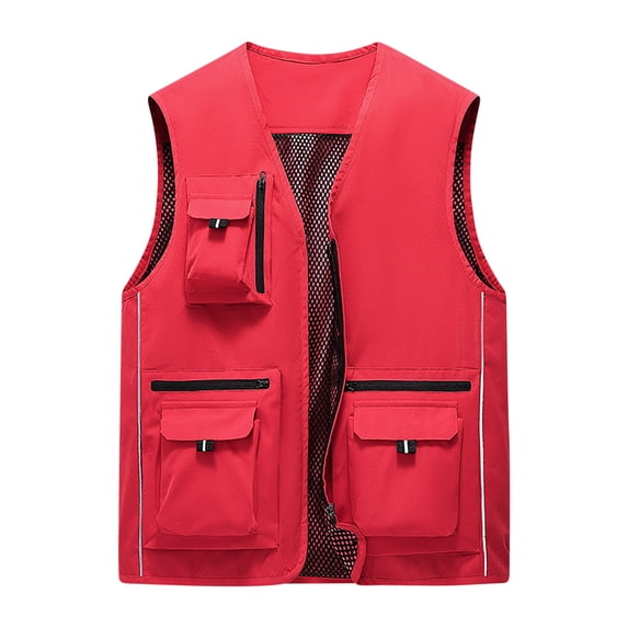 IYTR Men's Summer Multi-Pocket Vest Breathable Mesh Thin Quick Dry Sleeveless Waistcoat Photographer Reporter Vest Clothing Red XXXL