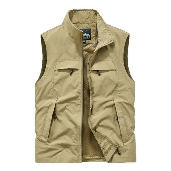 IYTR Men's Summer Outdoor Vest Lightweight Breathable Sleeveless Jacket Travel Quick Dry Hiking Vest with Multi Pockets Khaki L