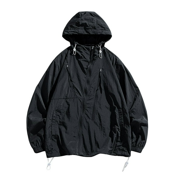 IYTR Men's Sunscreen Coat Patchwork Long Sleeve Jacket Zipper Hooded Neck Coat Relaxed Sun Protection Jacket with Pocket Black M