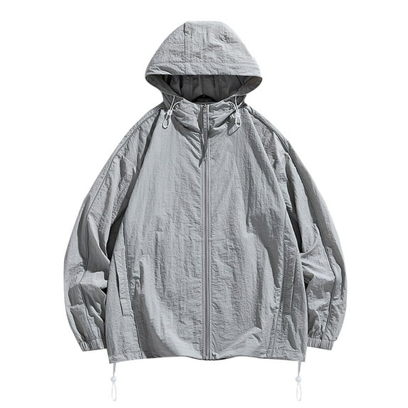 IYTR Men's Sunscreen Coat Patchwork Long Sleeve Jacket Zipper Hooded Neck Coat Relaxed Sun Protection Jacket with Pocket Gray-D XL