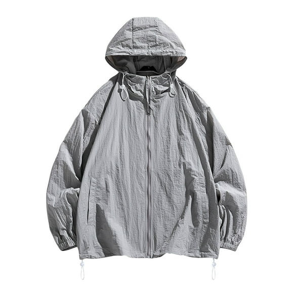 IYTR Men's Sunscreen Coat Relaxed Sun Protection Jacket with Pocket Patchwork Long Sleeve Jacket Zipper Hooded Neck Coat Gray-C M