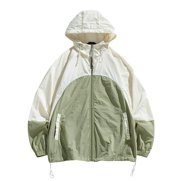 IYTR Men's Sunscreen Coat Zipper Hooded Neck Coat Patchwork Relaxed Sun Protection Jacket with Pocket Long Sleeve Jacket Army Green XXL