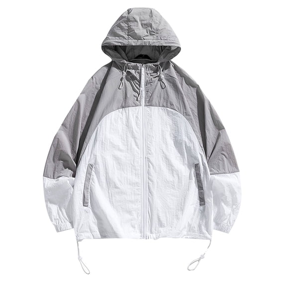 IYTR Men's Sunscreen Coat Zipper Hooded Neck Coat Patchwork Relaxed Sun Protection Jacket with Pocket Long Sleeve Jacket Gray S