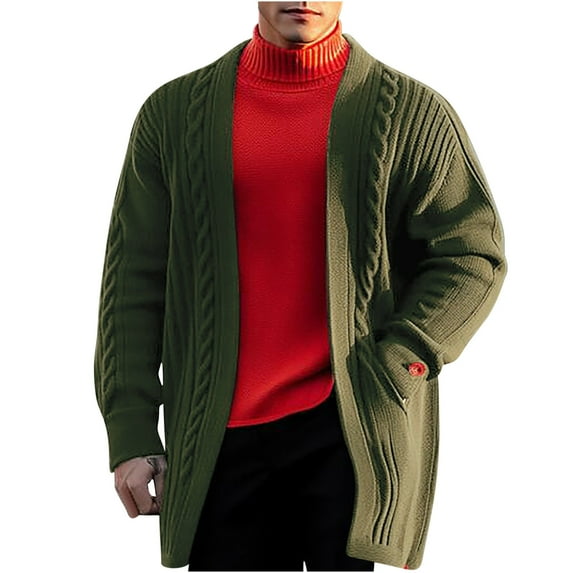 IYTR Men's Sweater Solid Color Long Sleeve Shawl Collar Cardigan Sweater Casual Outwear with Pockets Army Green M