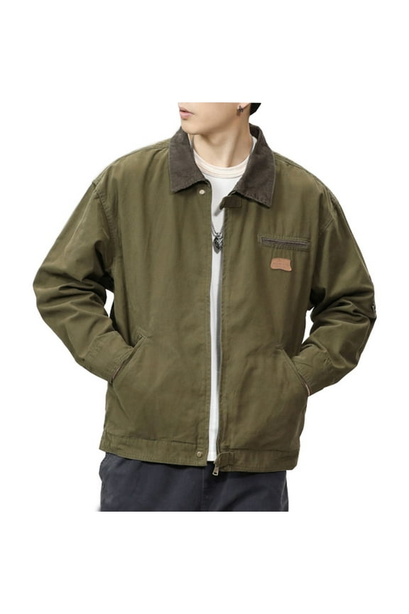 Men's Sweatshirts Jacket Corduroy Collar Canvas Jacket Vintage Washed Zip Up Workwear Coats