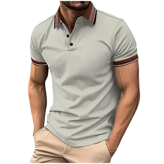 IYTR Men's T-Shirts Work Blouse Business Casual Lapel Button Leisure Loose Solid Color Classic Tshirt Short Sleeve T Shirts Fashion Blouses(Gray,S)
