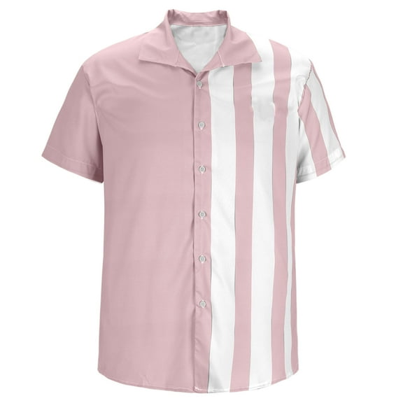 IYTR Men's T-Shirts Work Blouse Striped Print Classic Tshirt Business Casual Button Lapel Shirts Loose Short Sleeve T Shirts Fashion Leisure Blouses(Pink,XXXL)